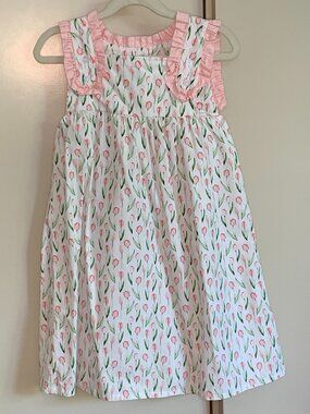 Stitchy Fish Tulip Print Dress Pink Ruffle Trim Size 6